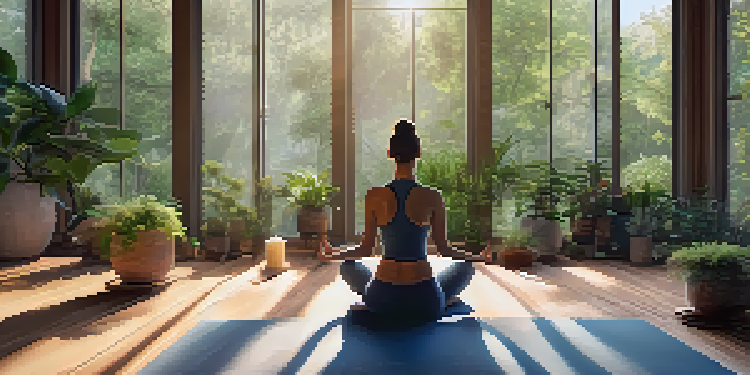 A person meditating in a peaceful yoga studio filled with plants and morning light.
