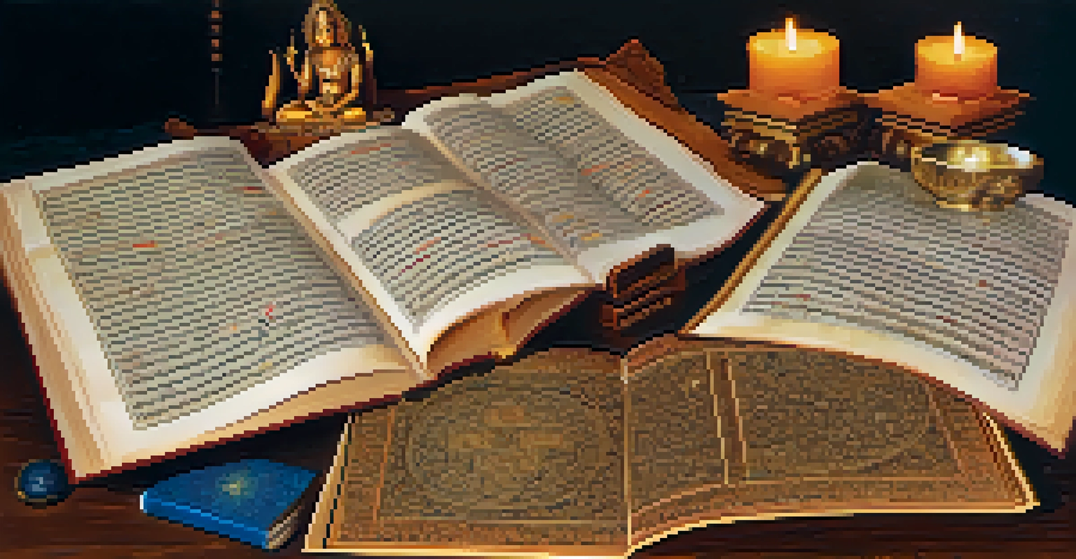 Open ancient Indian texts with intricate calligraphy on a wooden table, surrounded by candles and a meditating statue.