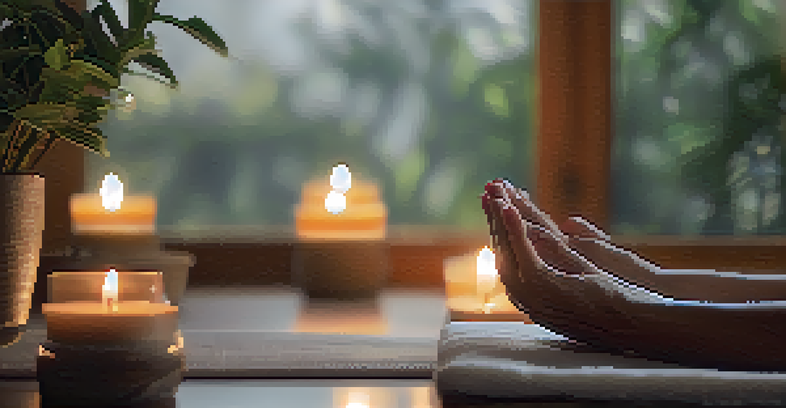 A close-up of hands in a meditative gesture with candles and plants in the background, representing mindfulness and tranquility.