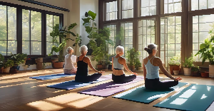 Seniors practicing yoga in a bright room with plants, demonstrating gentle poses.