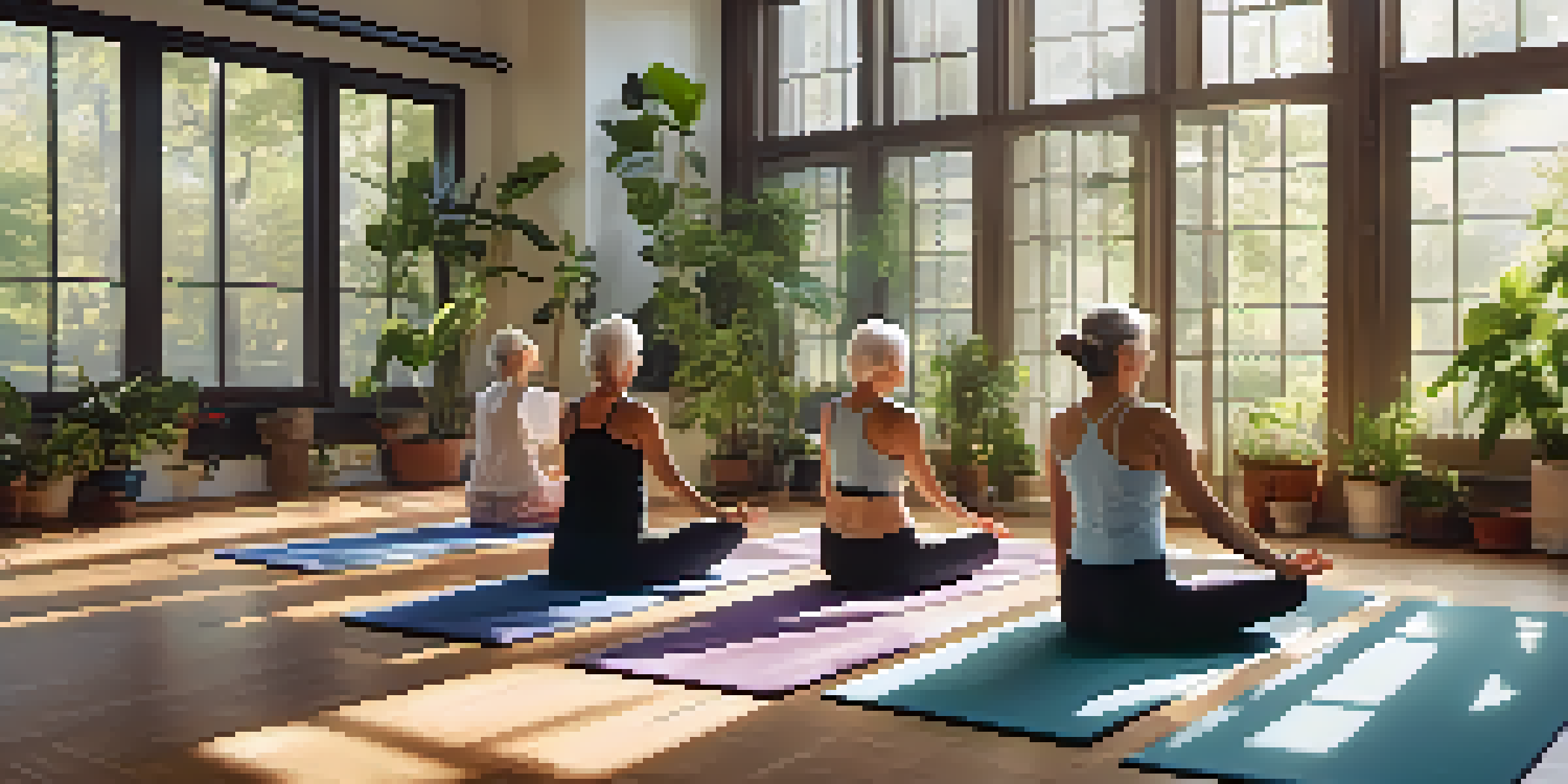 Seniors practicing yoga in a bright room with plants, demonstrating gentle poses.