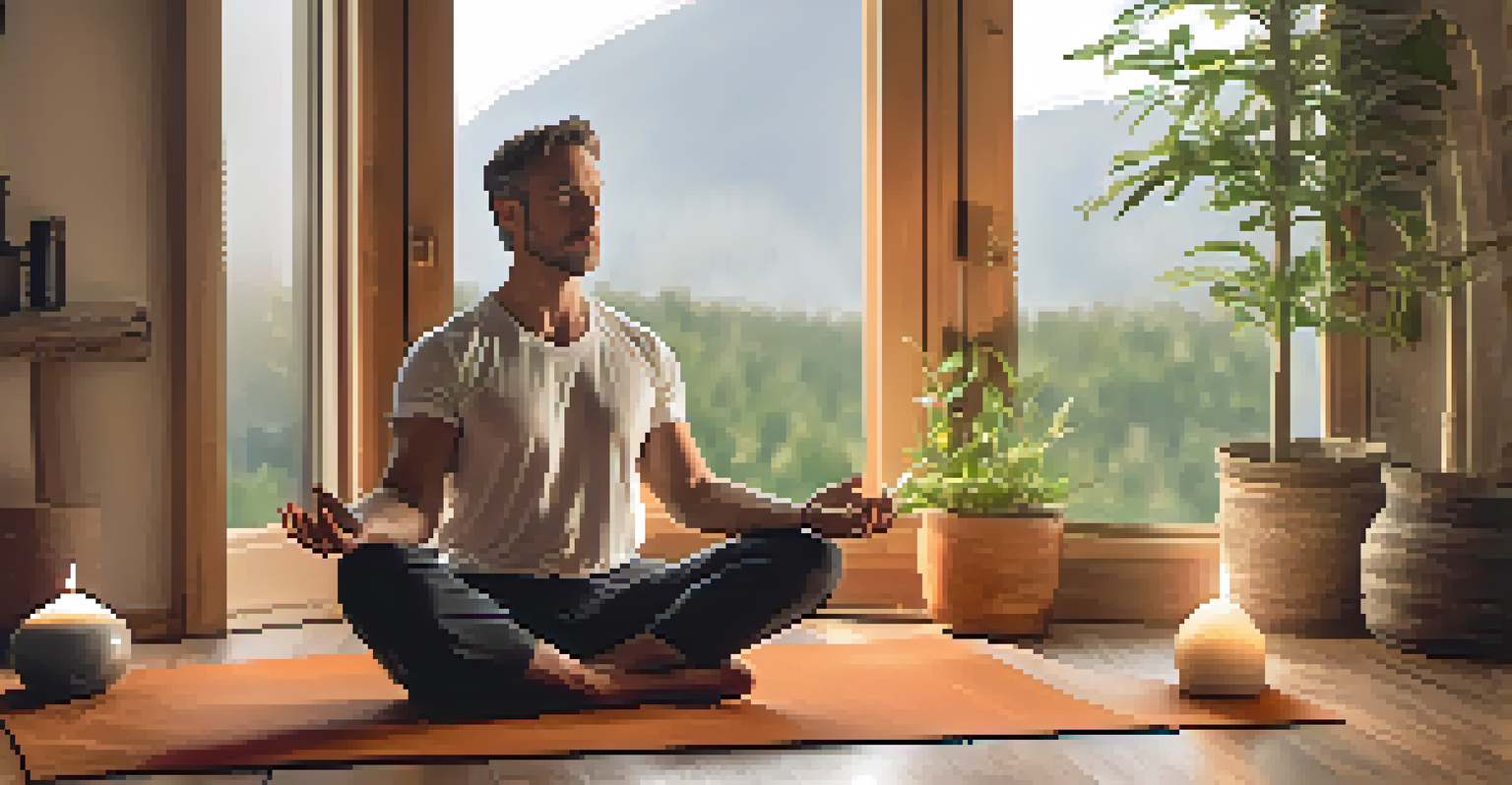 A middle-aged man meditating on a yoga mat in a cozy indoor setting with candles and soft cushions.