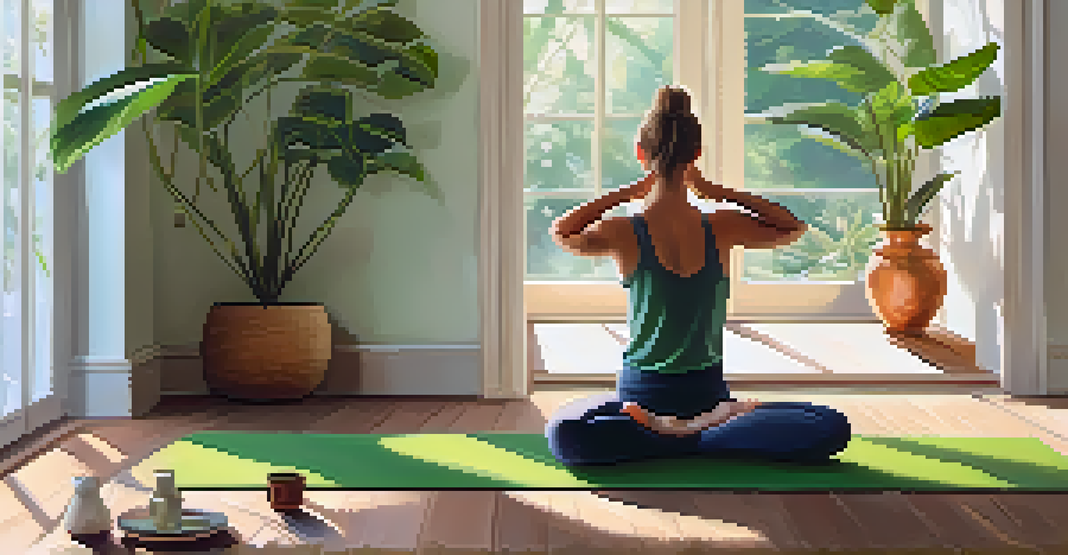 A person practicing Child's Pose in a calming yoga studio filled with plants and morning light.