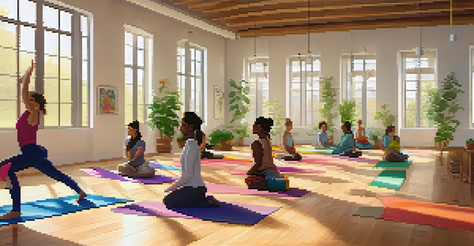 A diverse group of students practicing yoga in a bright room with plants and colorful mats.