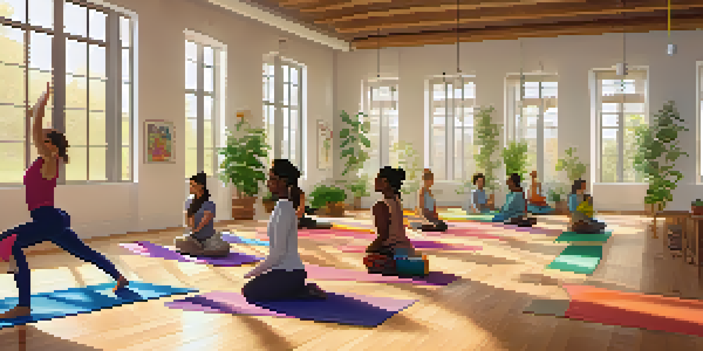 A diverse group of students practicing yoga in a bright room with plants and colorful mats.