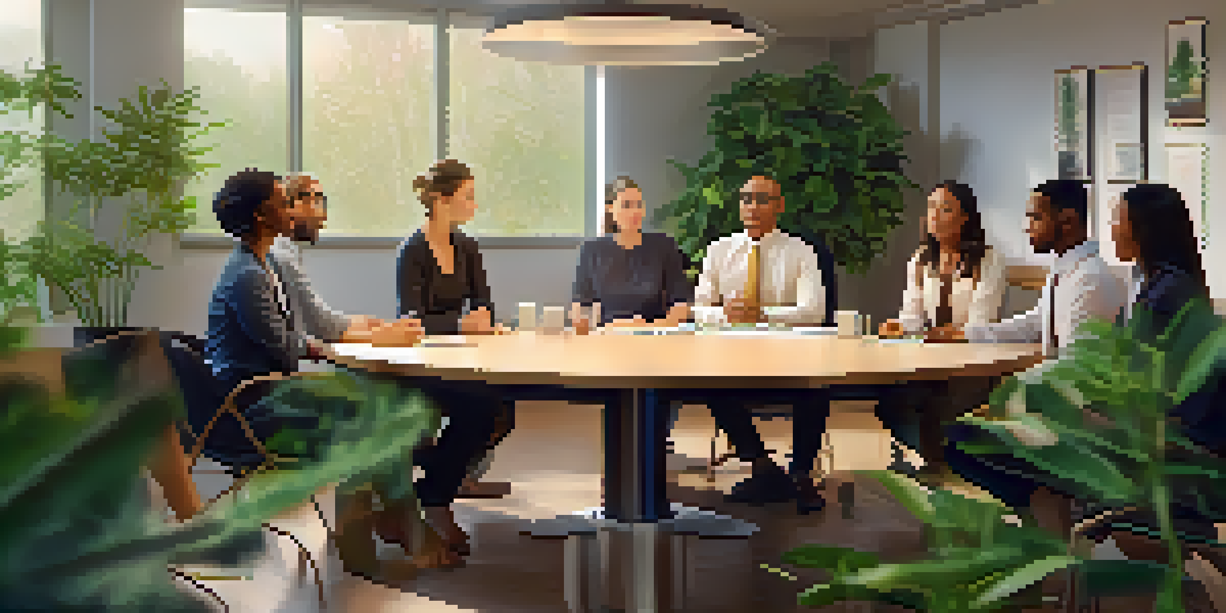 A diverse group of professionals sitting in a circle, practicing breathing exercises in a calm office setting.