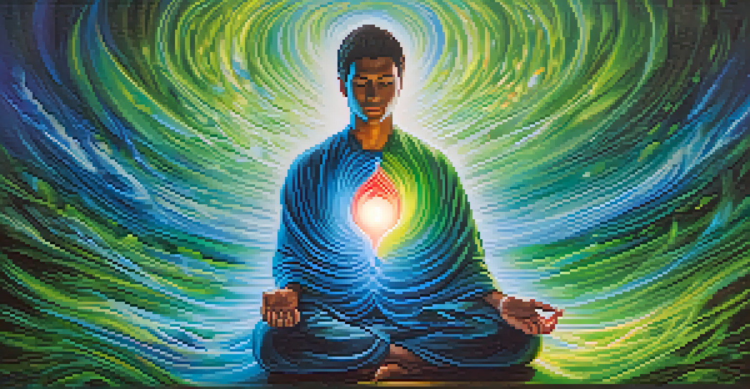 A person meditating with a glowing heart and protective aura, surrounded by swirling colors representing thoughts and emotions.