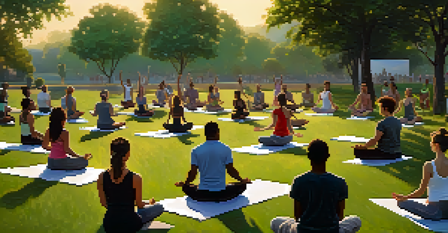 A diverse group of people practicing yoga together in a park during sunset.
