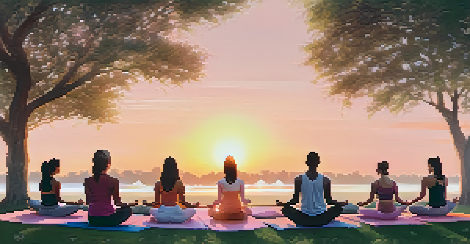 A diverse group of individuals practicing yoga outdoors at sunrise, surrounded by lush greenery.
