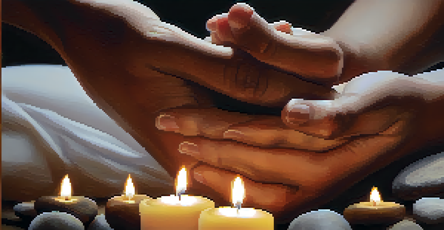 Close-up of hands forming a meditative gesture with candles and stones in the background.
