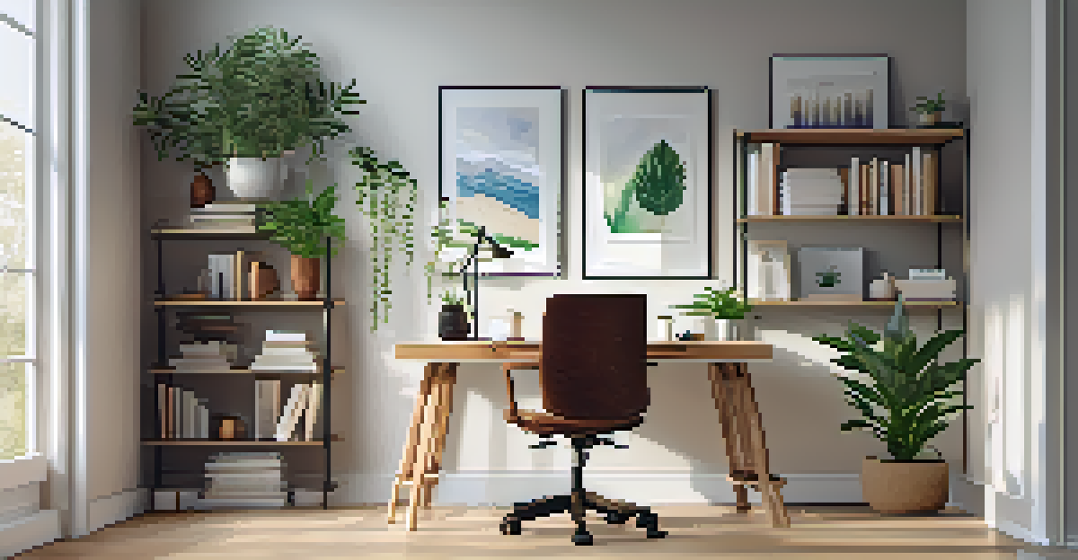 A well-organized desk with a plant, water feature, and yoga mat, designed to promote mindfulness in a bright workspace.