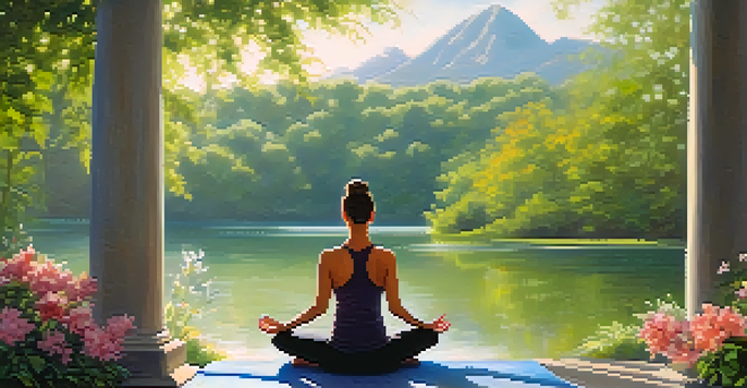 A couple practicing partner yoga in a sunny park, surrounded by greenery and flowers, with a lake in the background.