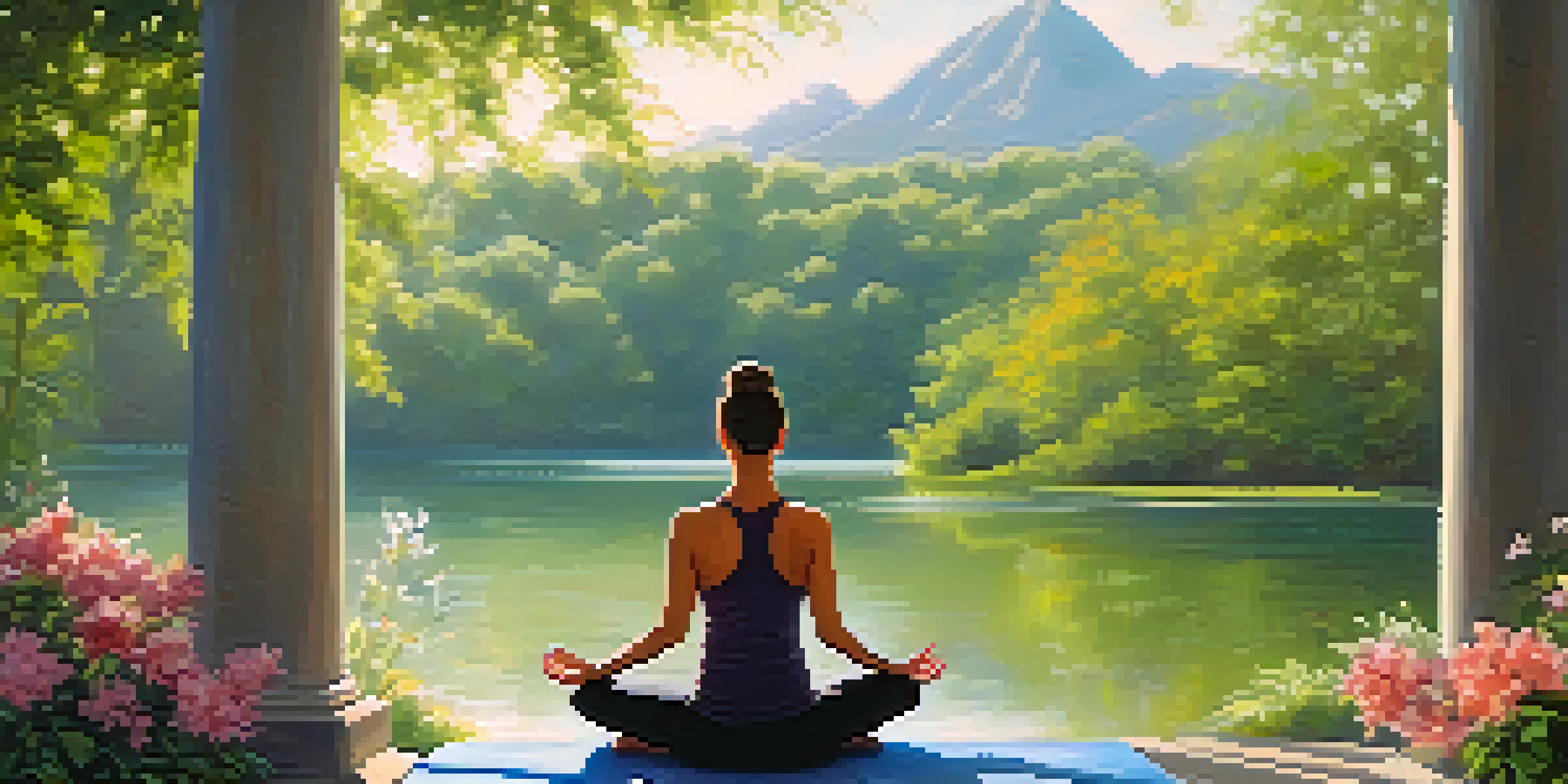 A couple practicing partner yoga in a sunny park, surrounded by greenery and flowers, with a lake in the background.