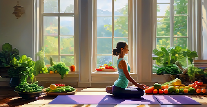 A peaceful individual practicing yoga in a sunlit room, surrounded by colorful fresh fruits and vegetables.