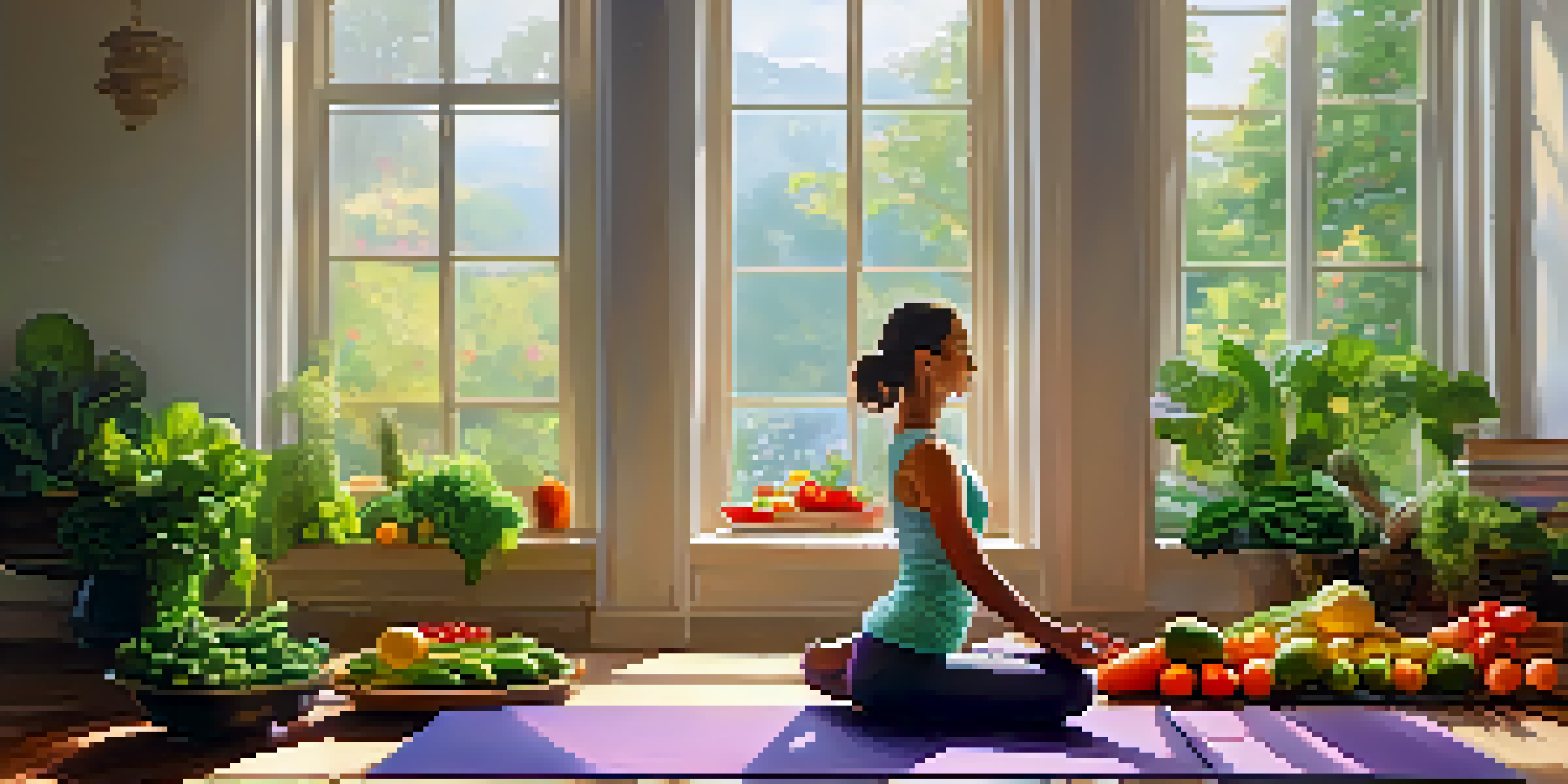 A peaceful individual practicing yoga in a sunlit room, surrounded by colorful fresh fruits and vegetables.