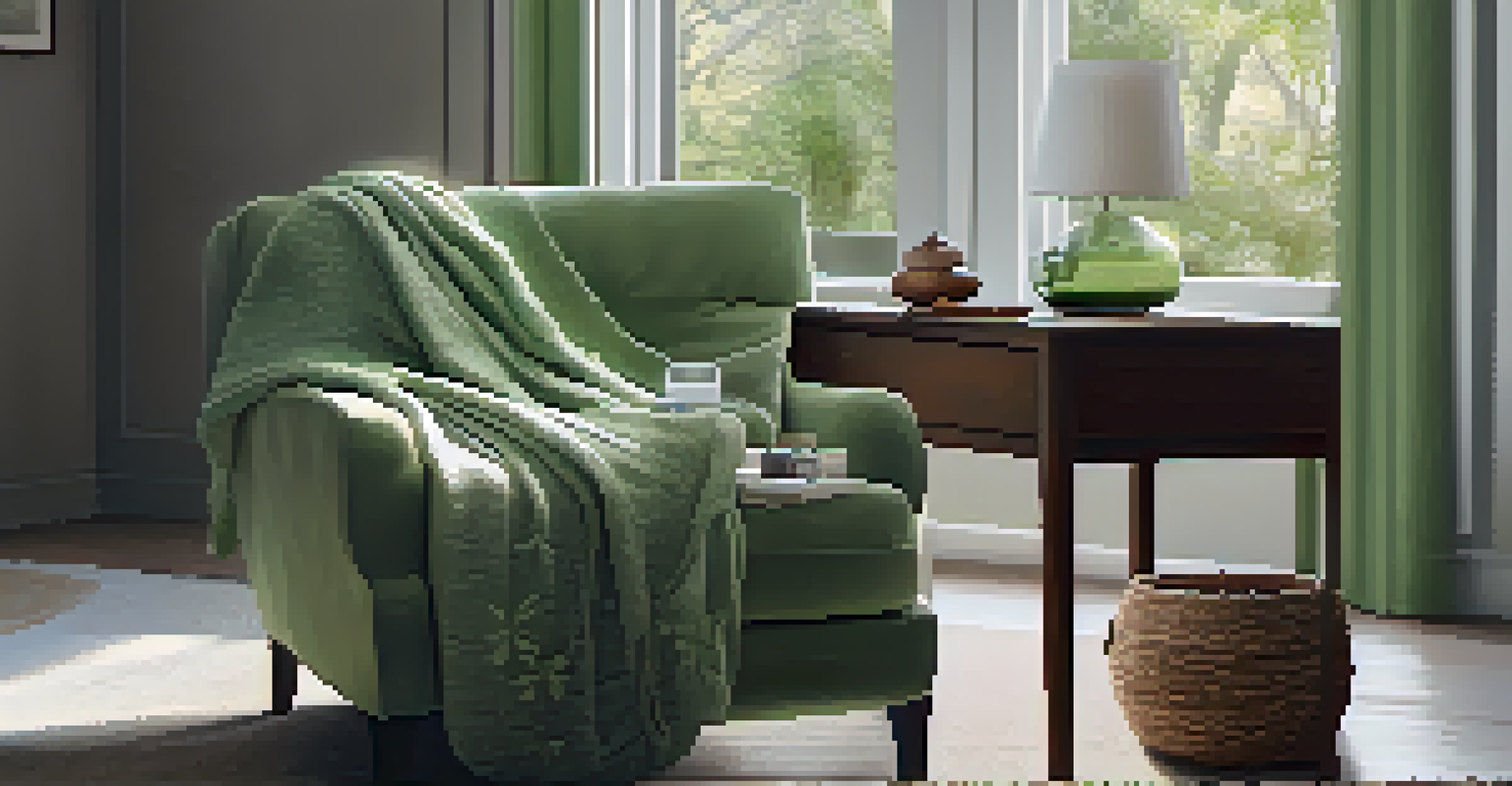An organized mindful space with a green color scheme, textured blanket, and personal items on display, filled with natural light.