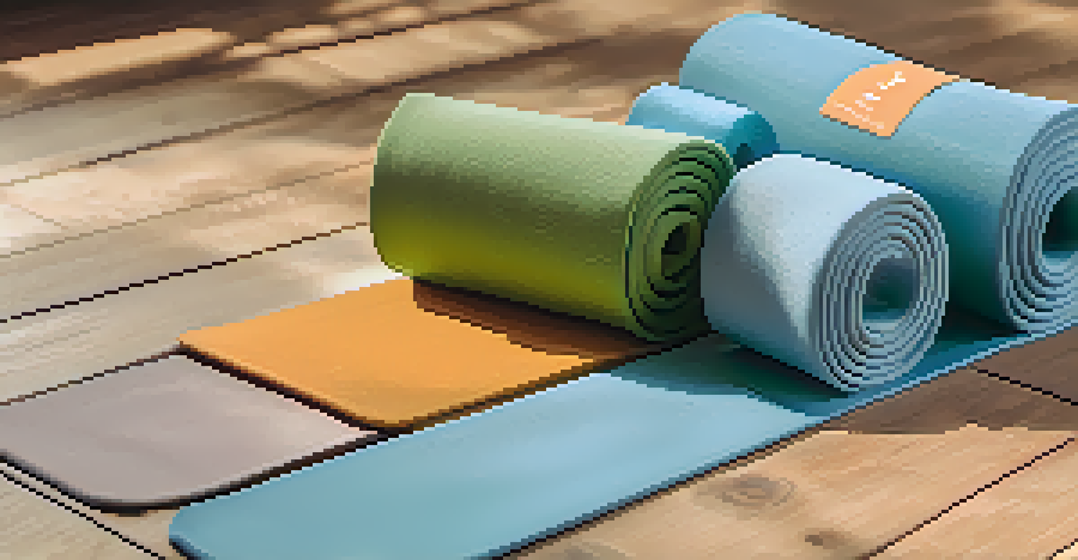 Close-up of eco-friendly yoga gear including a natural rubber mat, cork blocks, and cotton straps on a wooden surface.