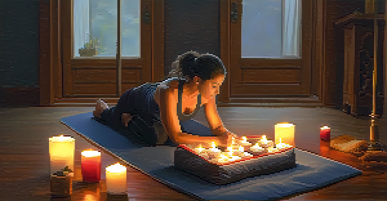 A person in Child's Pose, resting peacefully on a yoga mat surrounded by cushions and candles.