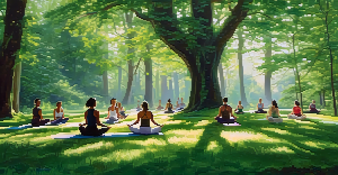 A peaceful yoga retreat in a forest with participants practicing yoga on mats surrounded by trees and sunlight.