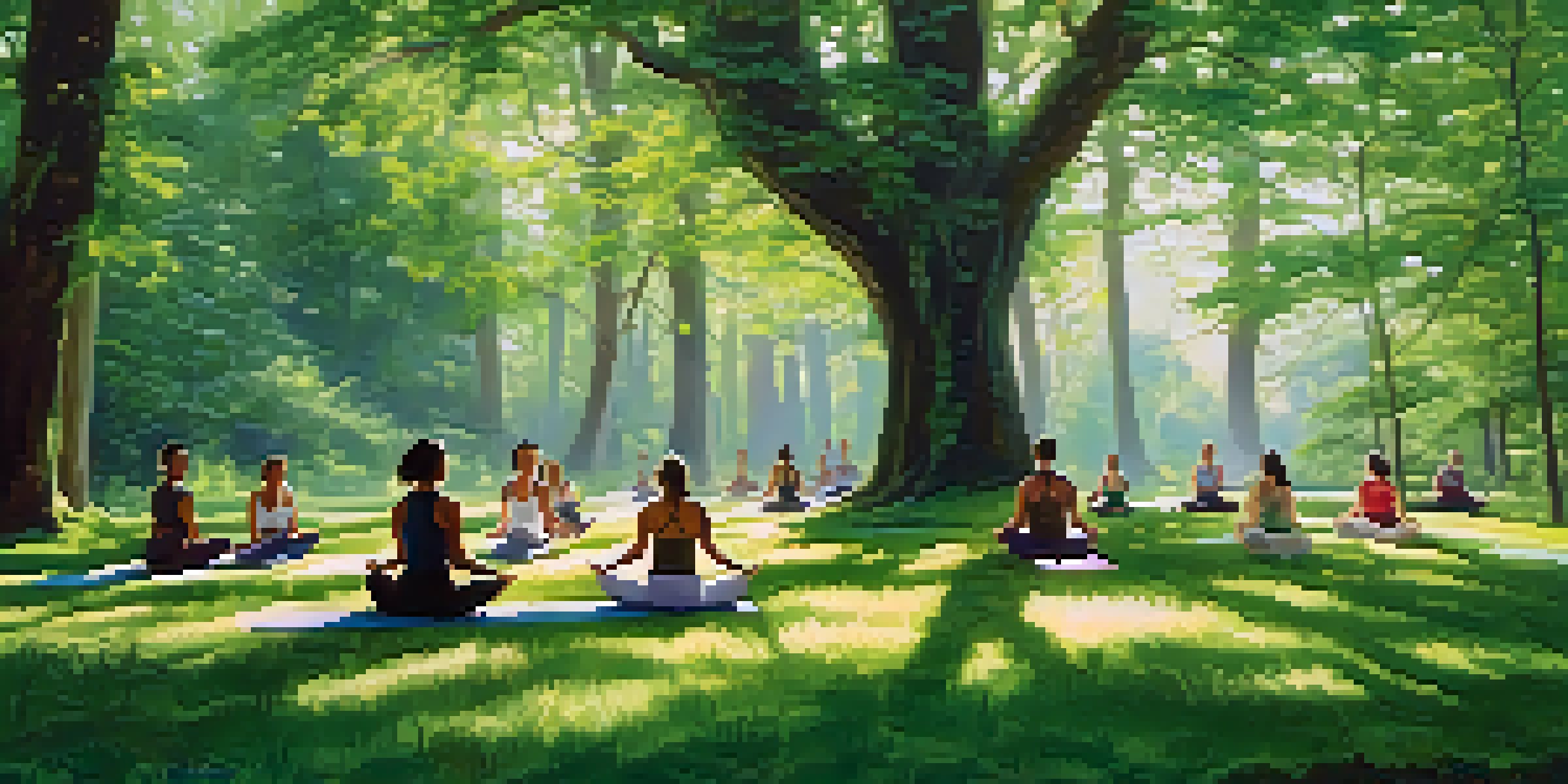 A peaceful yoga retreat in a forest with participants practicing yoga on mats surrounded by trees and sunlight.