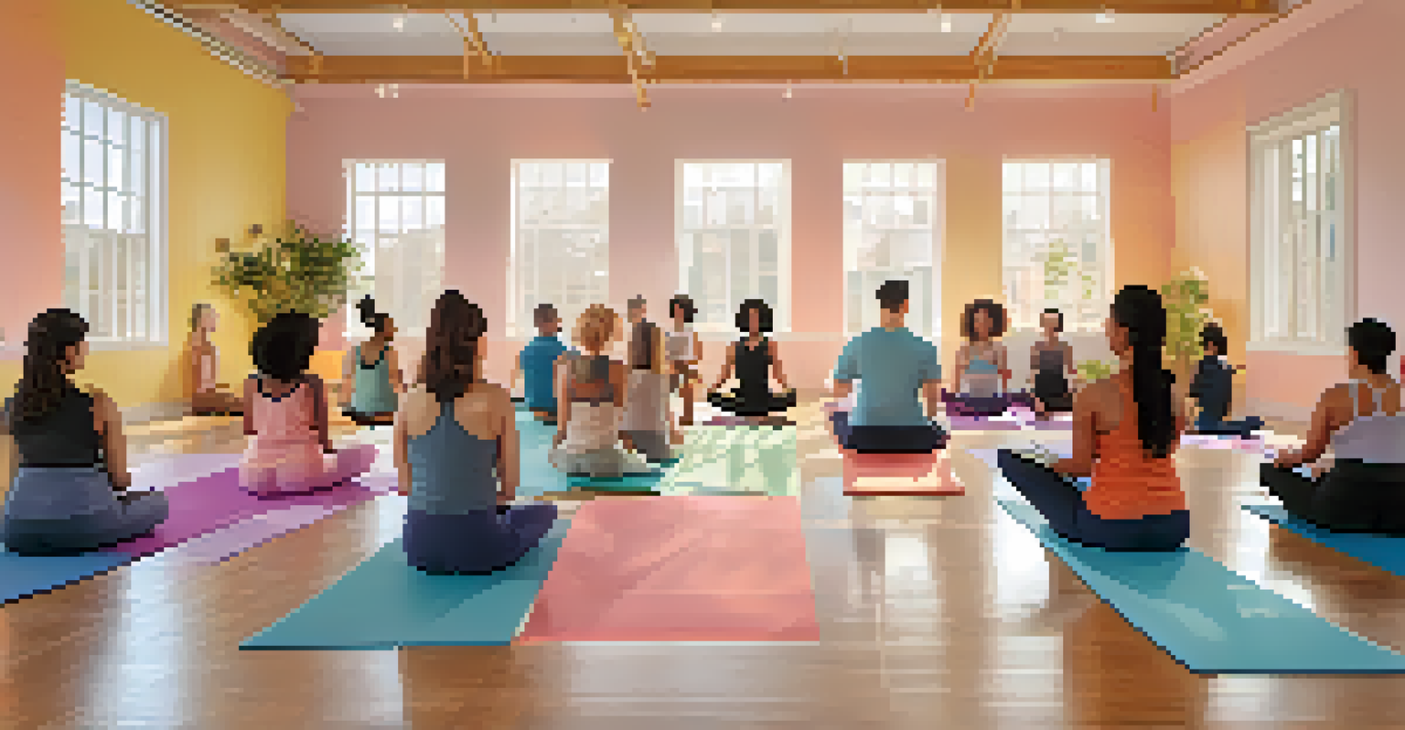 A group of individuals practicing yoga together in a bright studio, showcasing different poses and a sense of community.