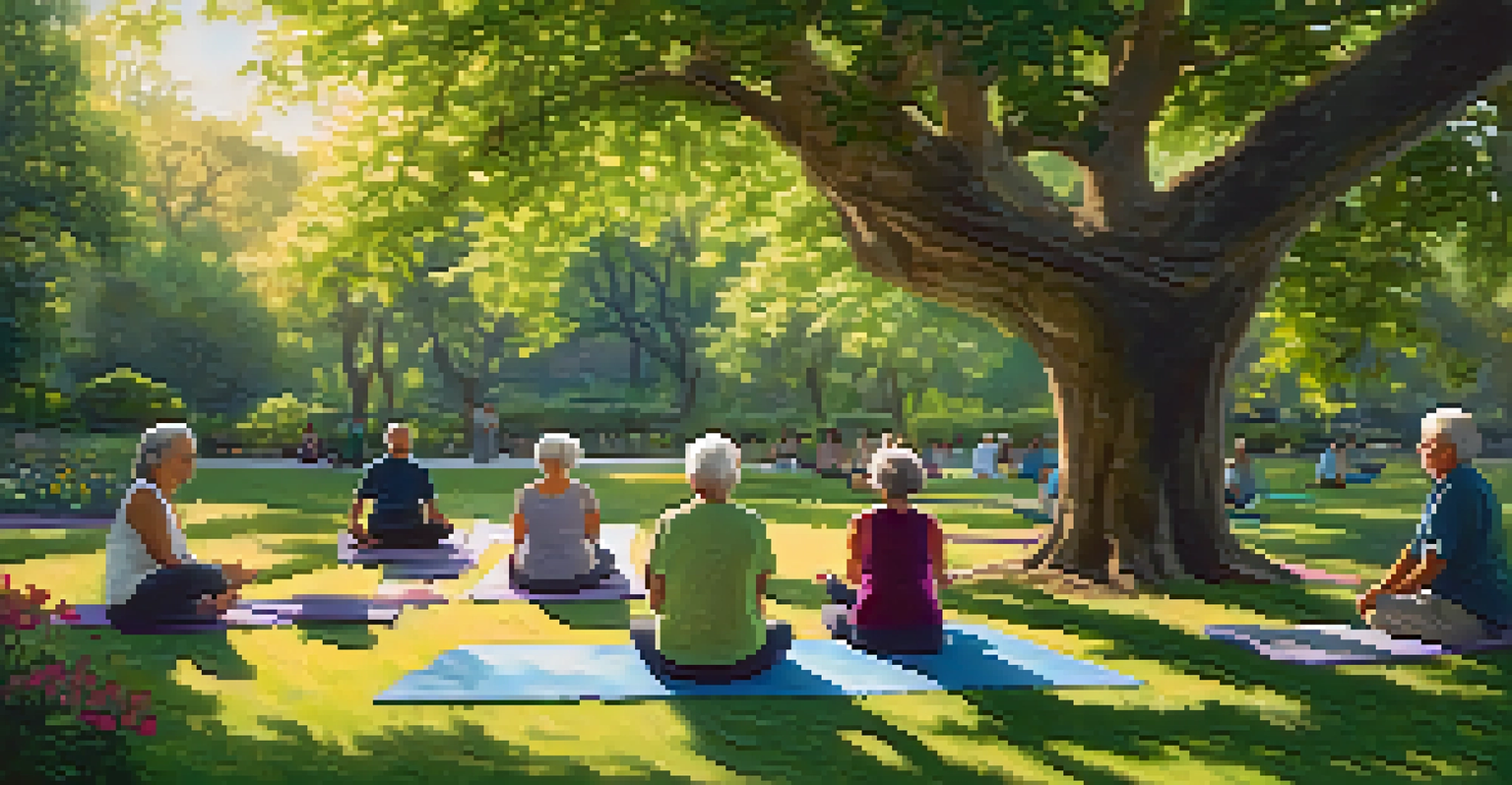 Seniors practicing Chair Pose outdoors in a peaceful park, surrounded by greenery and flowers.
