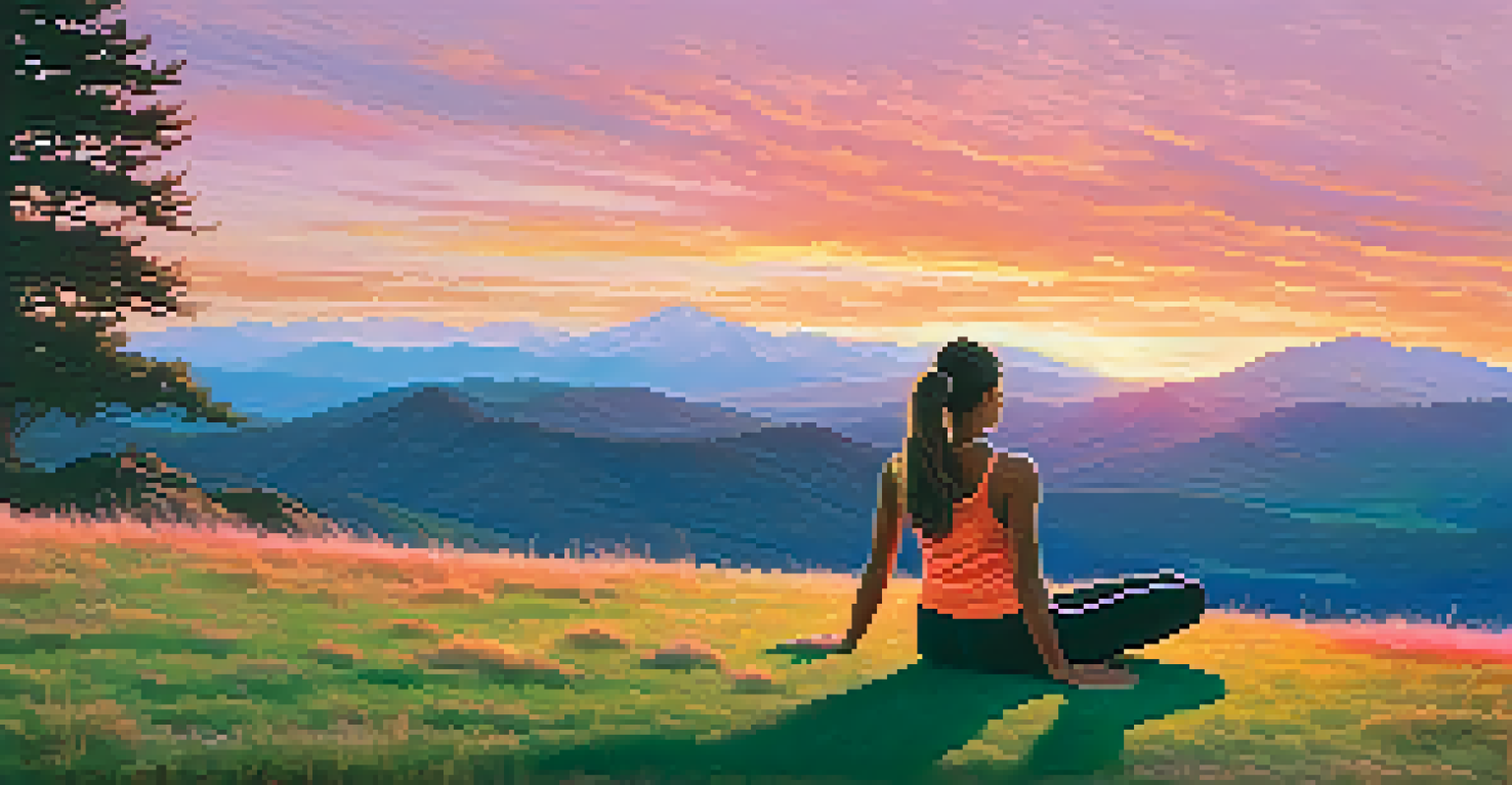 An athlete doing the Downward Dog pose on a grassy hill at sunset with mountains in the background.