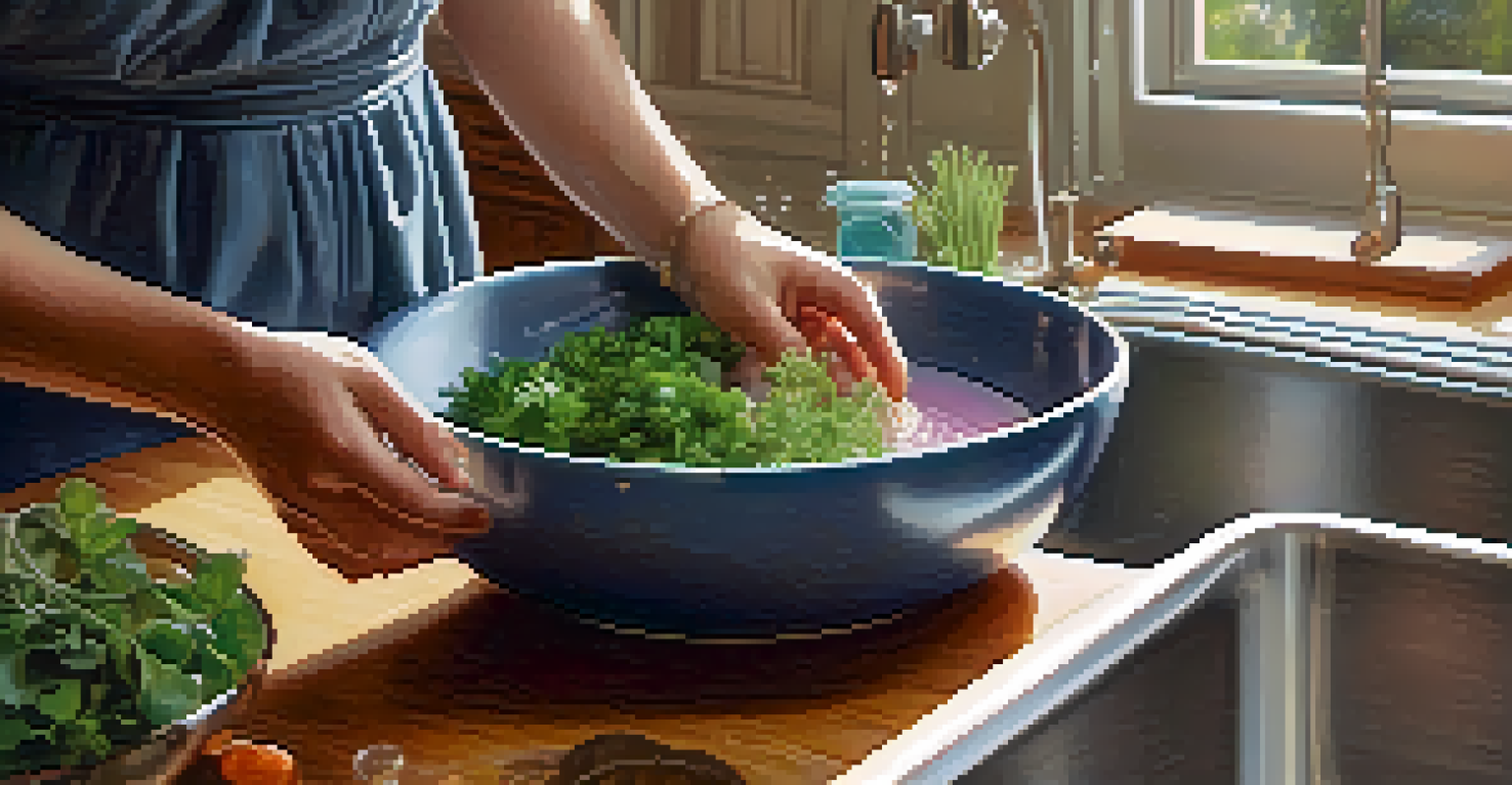 Hands washing dishes in a bright kitchen, emphasizing mindfulness and appreciation of everyday tasks.