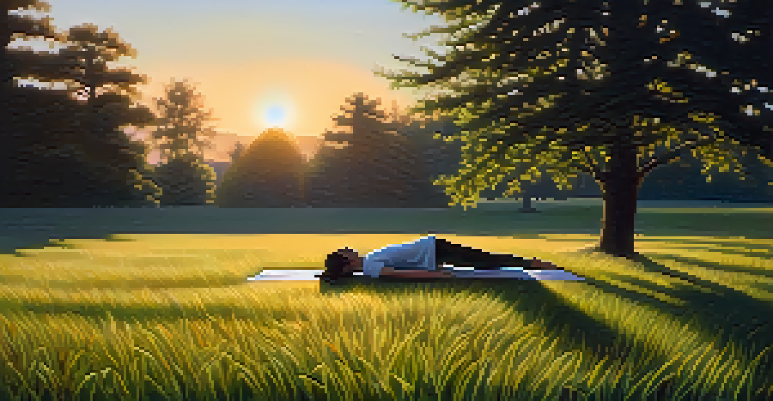 A person in child's pose on a grassy field during sunset with trees and flowers around.