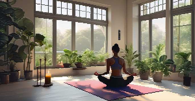 A peaceful yoga studio with a person practicing Ujjayi breath, surrounded by plants and soft lighting.