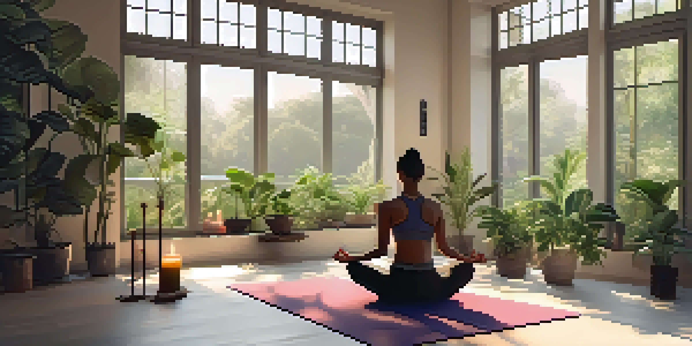 A peaceful yoga studio with a person practicing Ujjayi breath, surrounded by plants and soft lighting.