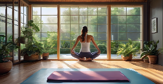 A peaceful yoga studio with a person meditating on a mat surrounded by plants and natural light, showcasing tranquility.