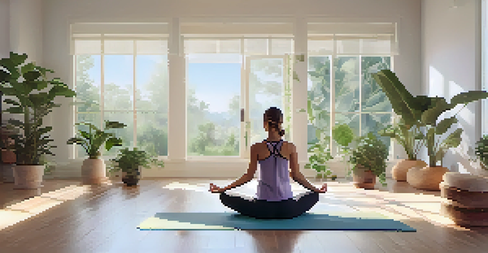 A person practicing yoga in a bright, peaceful studio filled with plants and soft natural light.