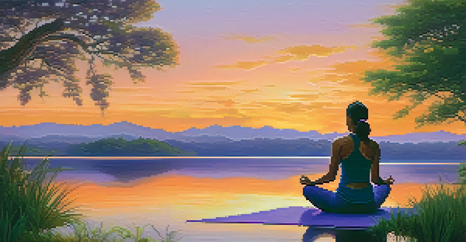 A person meditating by a lake at sunset, reflecting vibrant colors, surrounded by greenery, representing peace and abundance.
