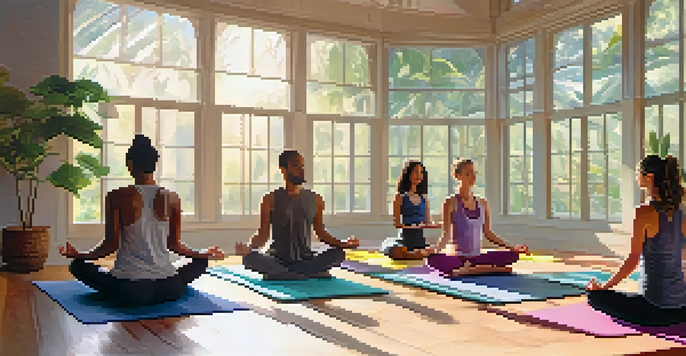 A tranquil yoga studio with people practicing yoga under soft morning light, surrounded by plants and colorful mats.