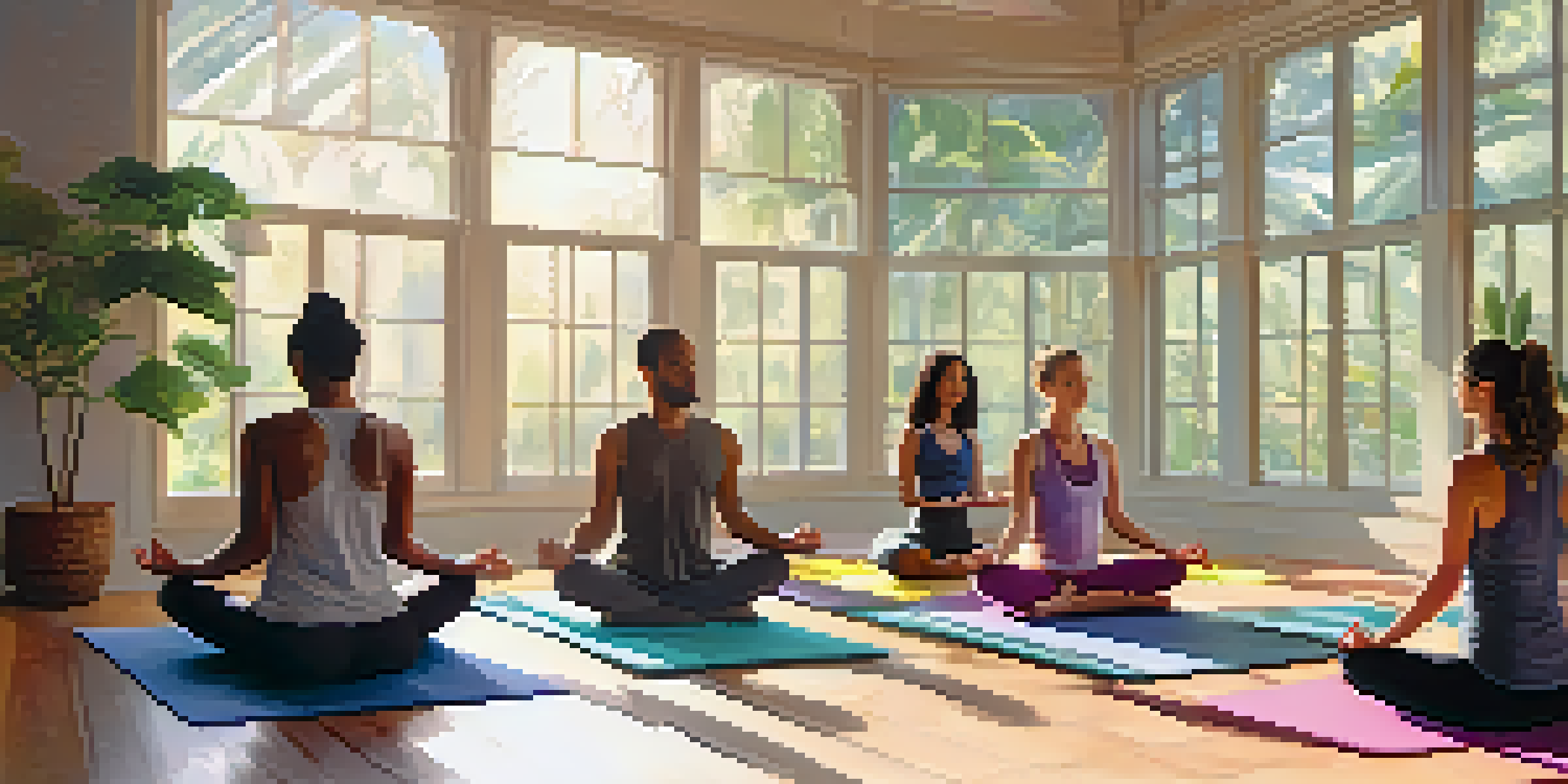 A tranquil yoga studio with people practicing yoga under soft morning light, surrounded by plants and colorful mats.