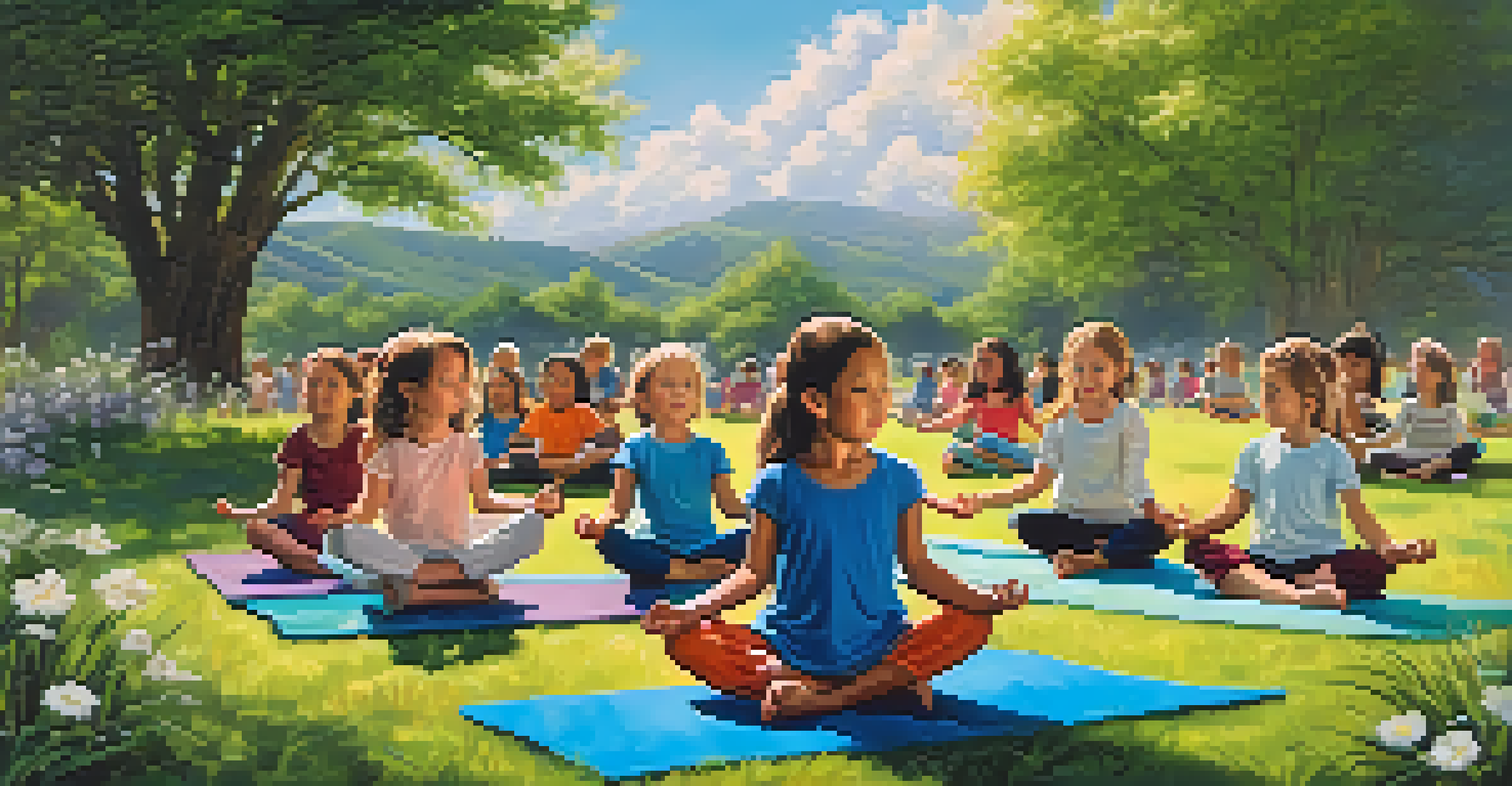 Children practicing yoga in a sunny park, surrounded by green grass and flowers, with some in meditation and others stretching.
