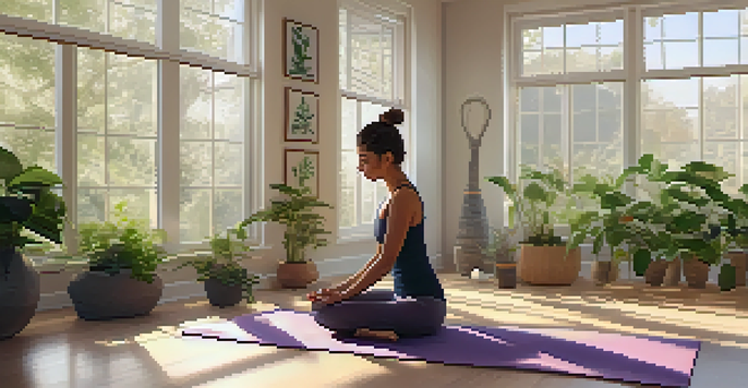 A person practicing Child's Pose in a peaceful yoga studio filled with plants and soft morning light.