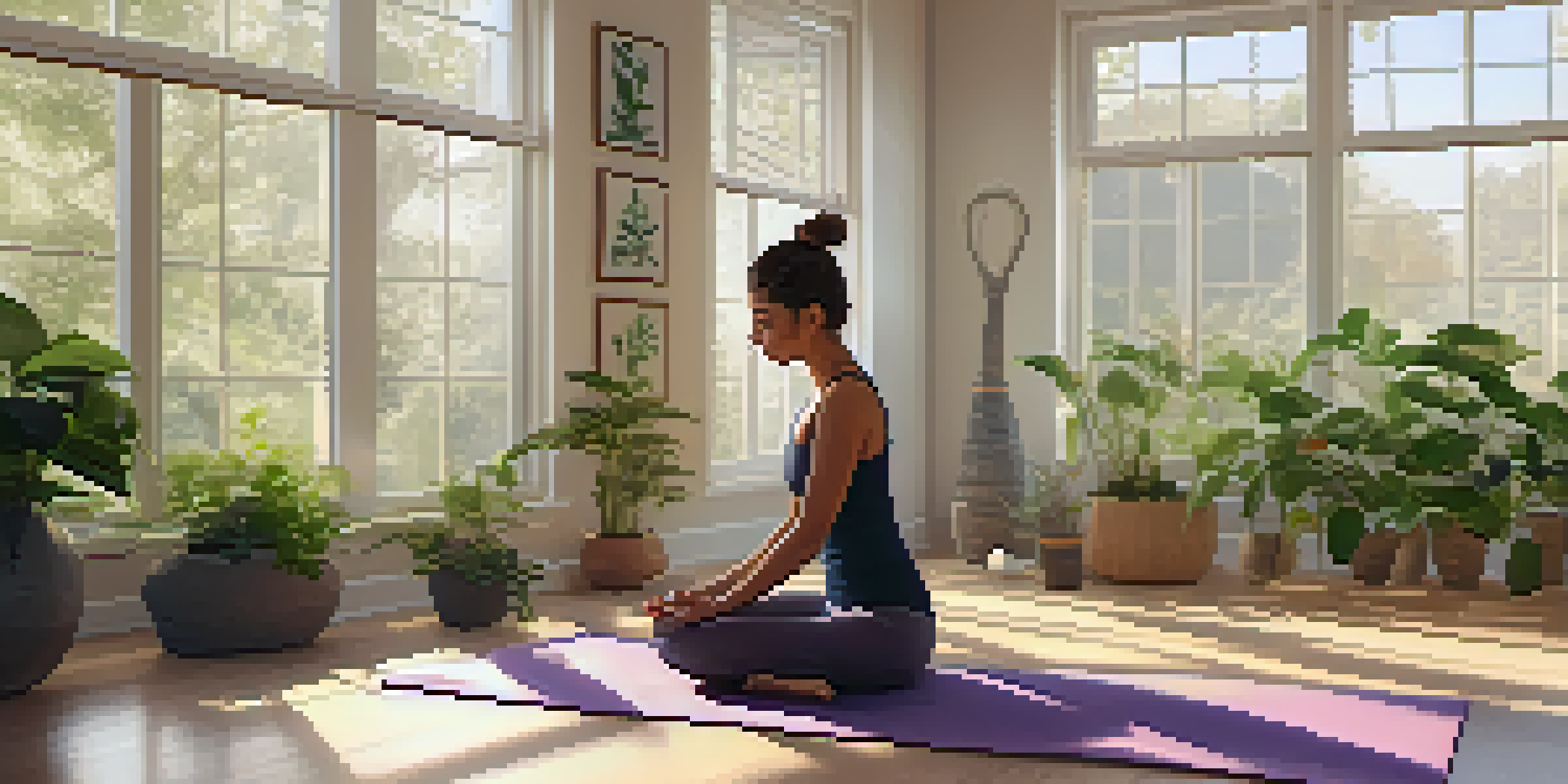 A person practicing Child's Pose in a peaceful yoga studio filled with plants and soft morning light.