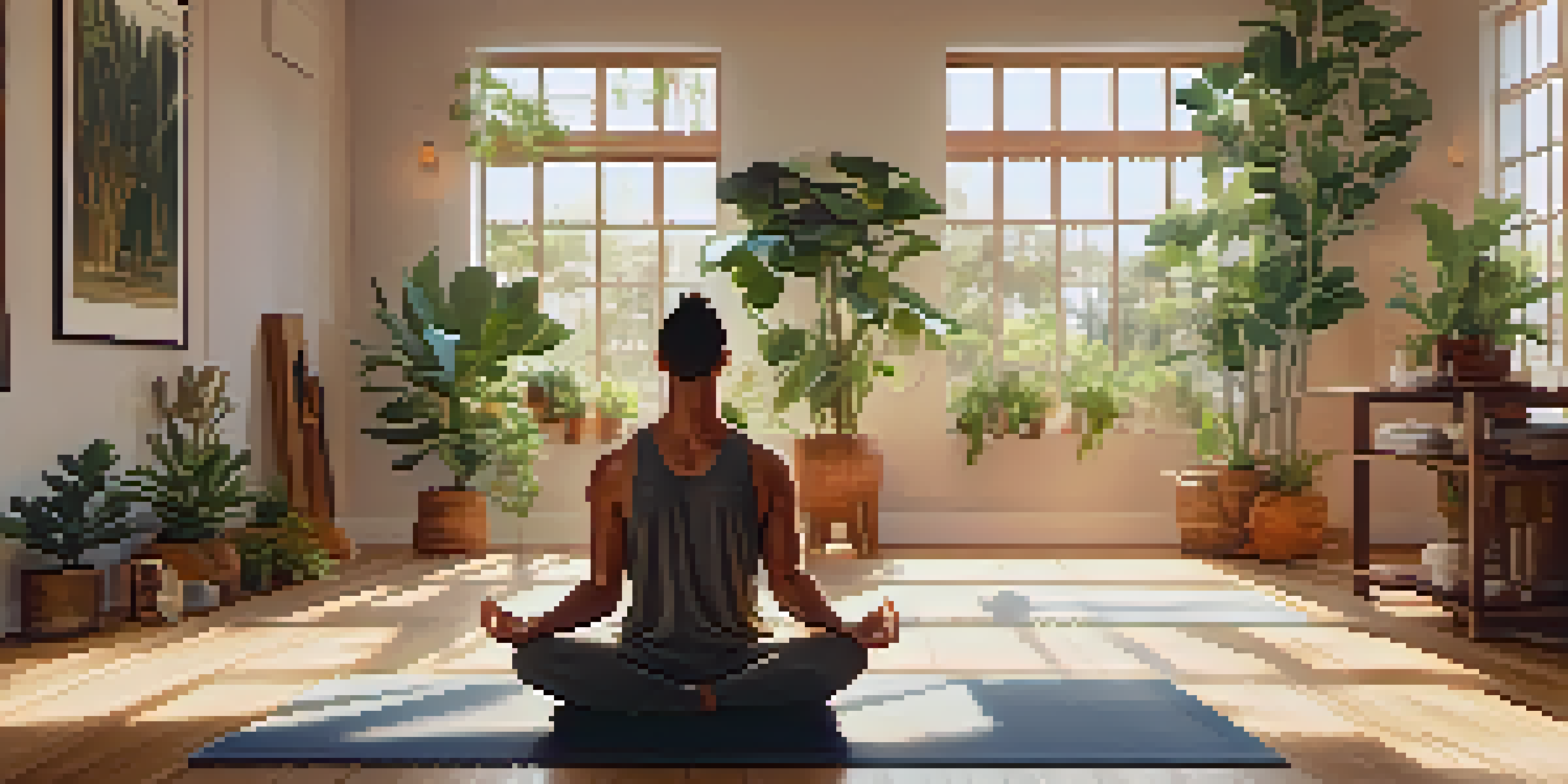 A male practicing Warrior II yoga pose in a bright, serene studio filled with plants and natural light.