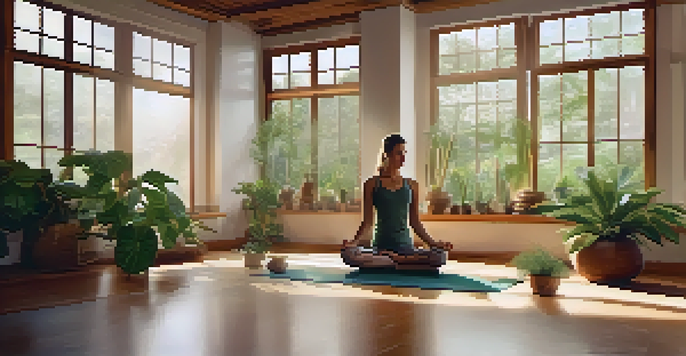 A person meditating in a yoga studio filled with plants and soft natural light.