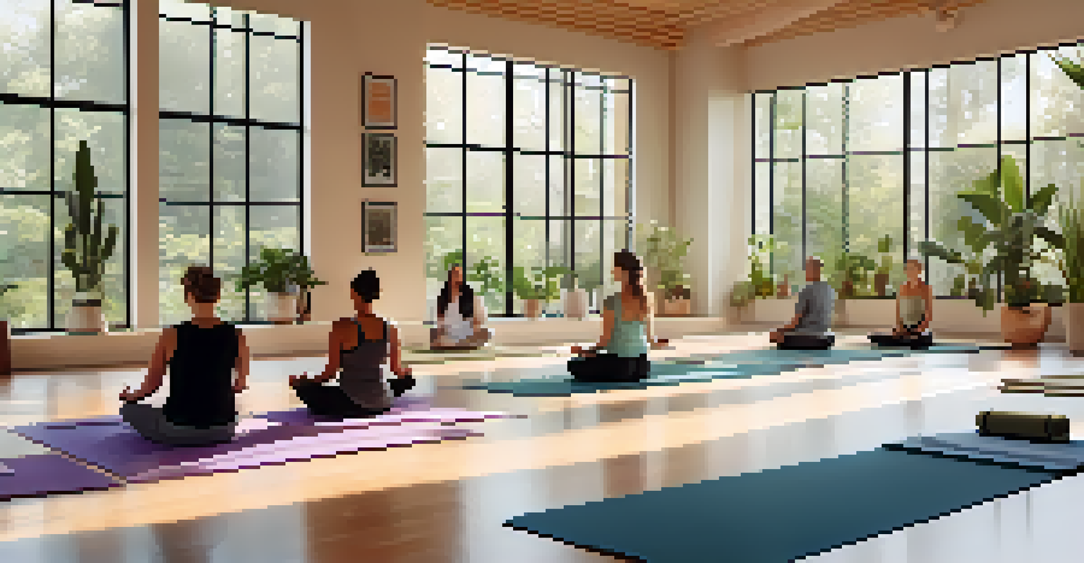 A diverse group of people practicing breath control in a bright yoga studio, seated on mats with plants and art around them.