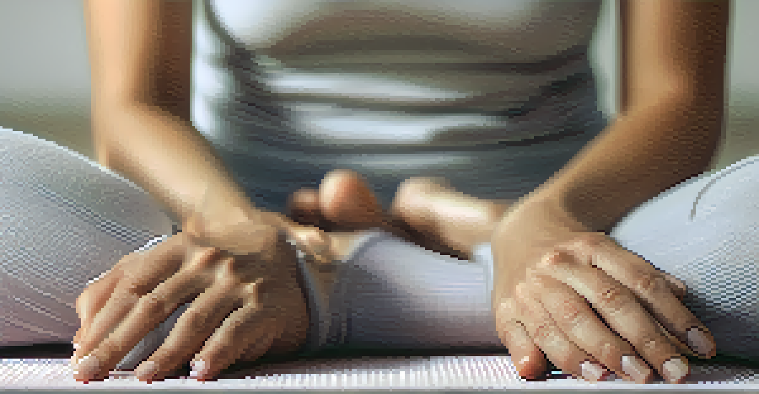 Close-up of a person's hands resting on their knees in a Yin Yoga pose, highlighting the tranquility of the practice.