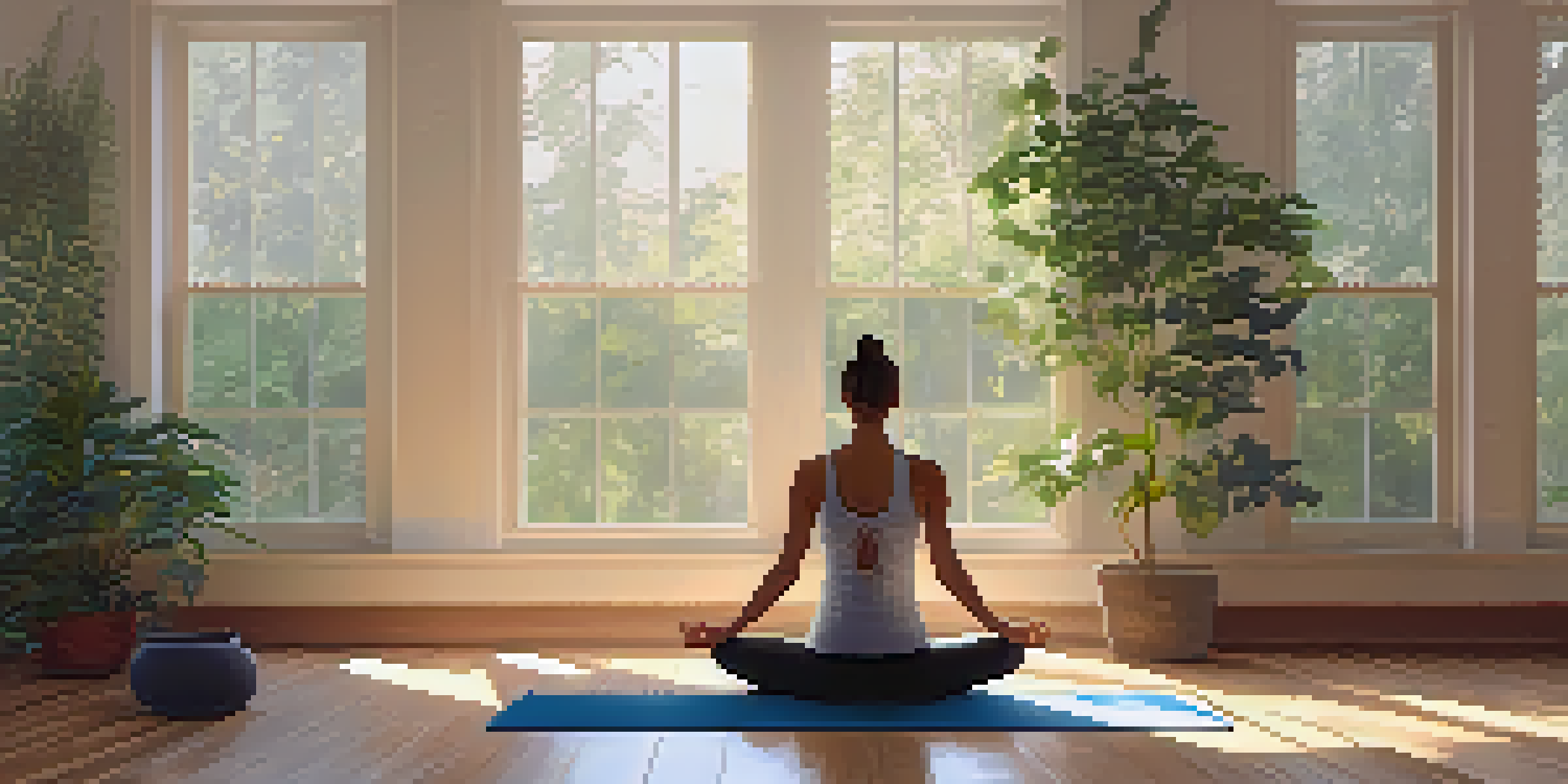 A person practicing Mountain Pose in a bright yoga studio with wooden floors and plants.
