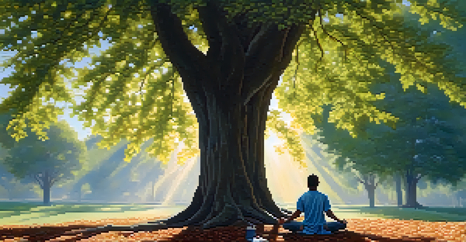 A person practicing breathwork outdoors under a tree, radiating calmness and peace.