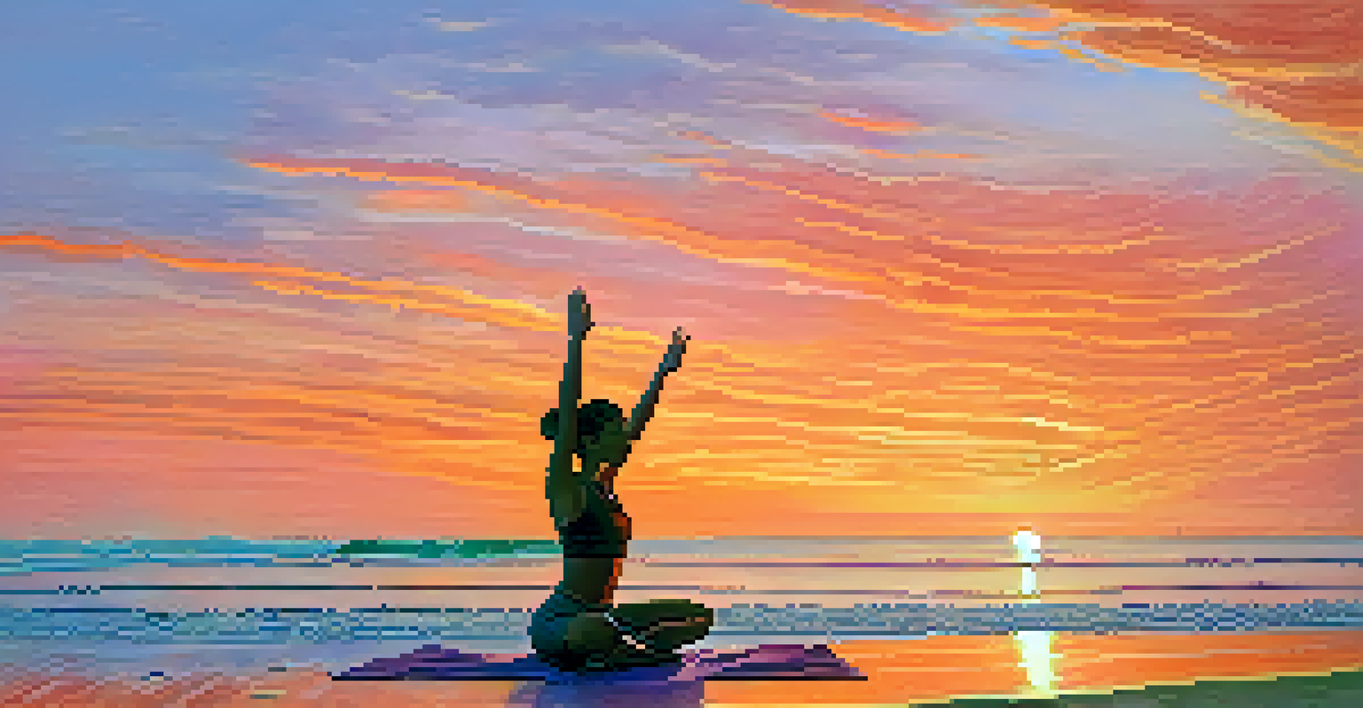 A person performing Sun Salutation on a beach at sunrise, with a colorful sky and waves in the background.