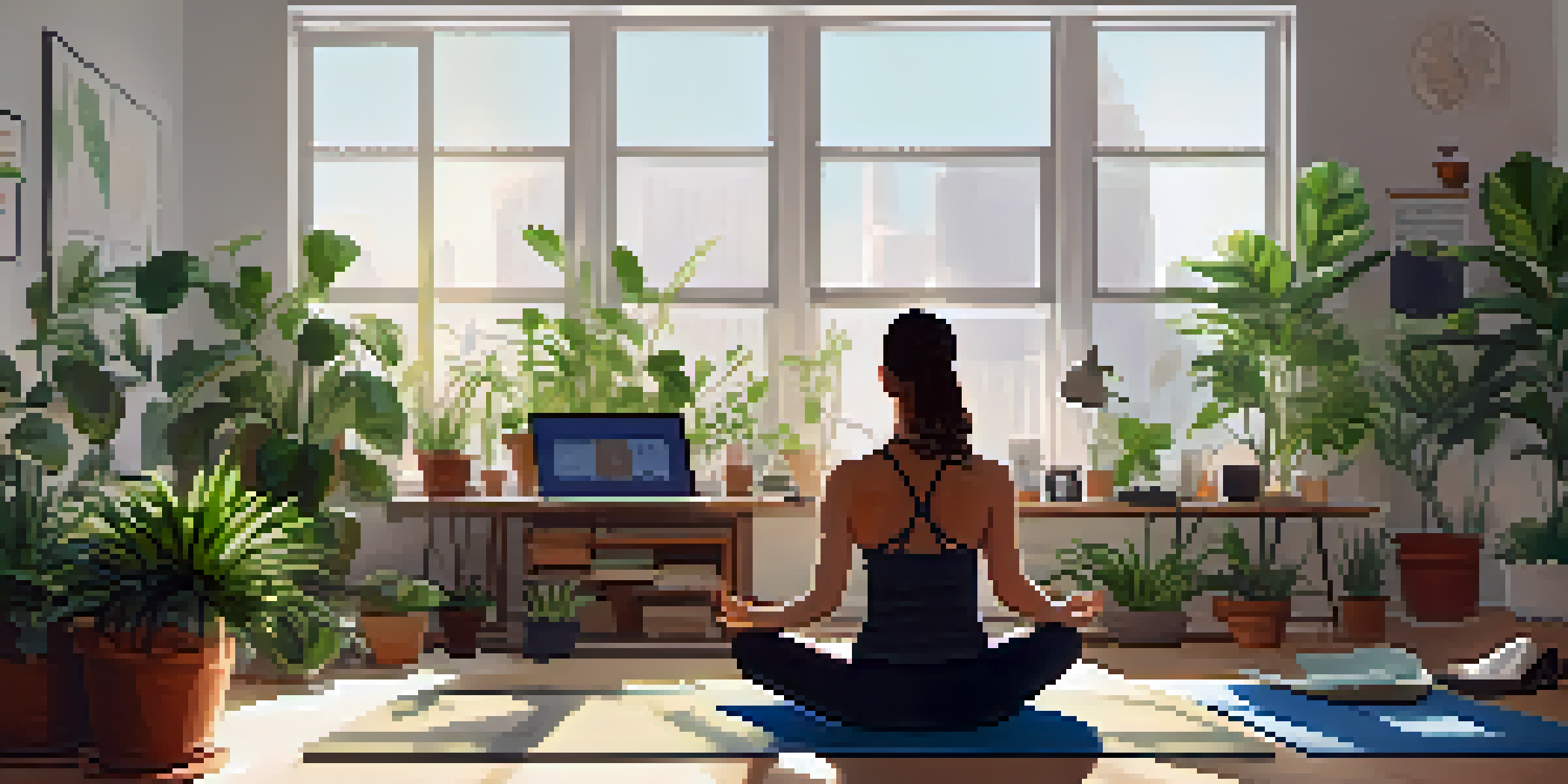 A person practicing yoga in a bright office with indoor plants and a clean desk.