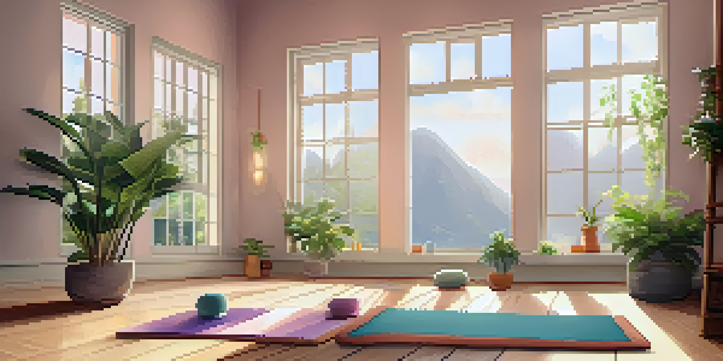 A peaceful yoga studio with natural light, wooden flooring, potted plants, and a yoga mat in the center.