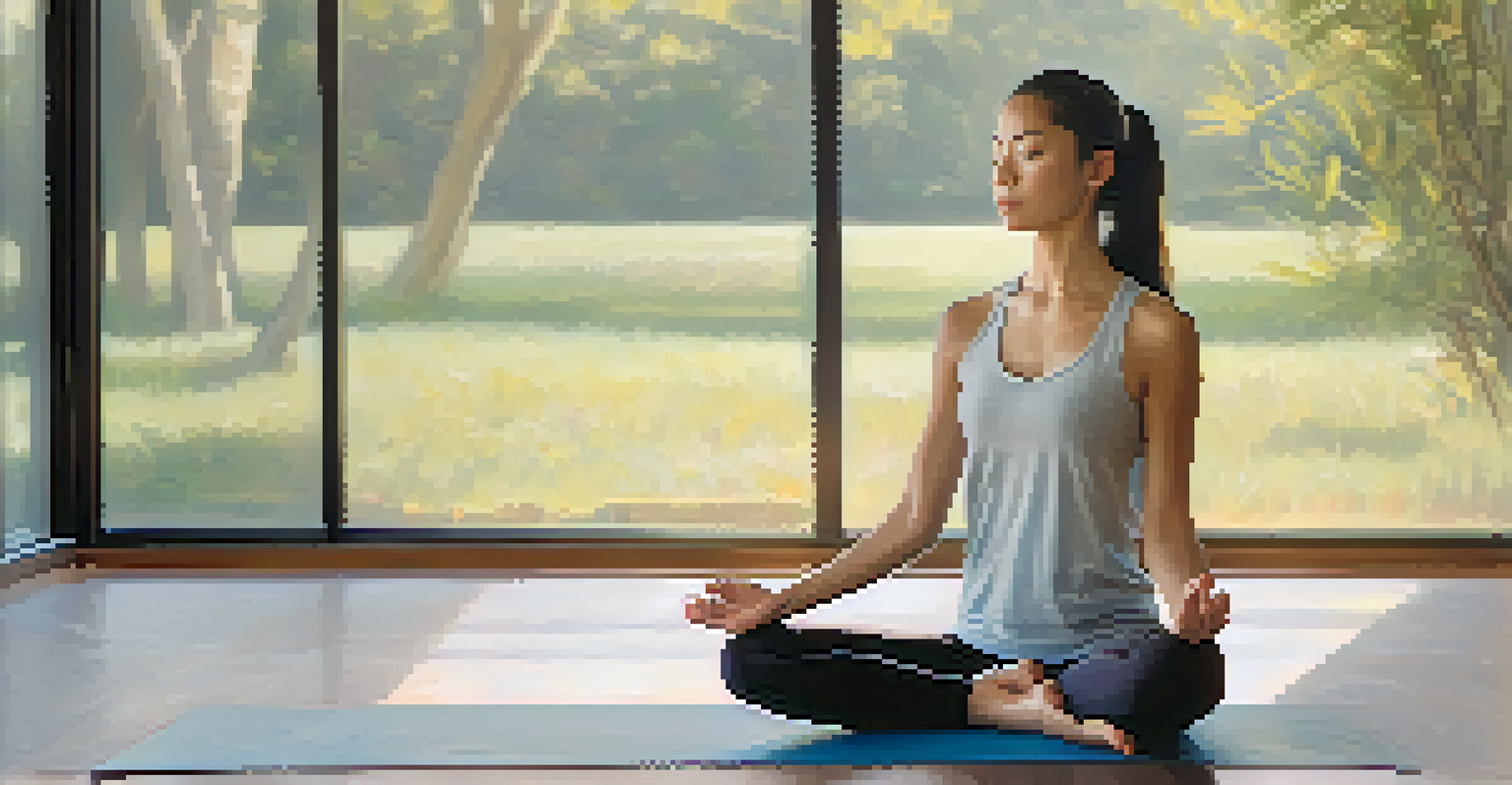 A woman seated on a yoga mat, practicing breathing techniques with a peaceful expression.