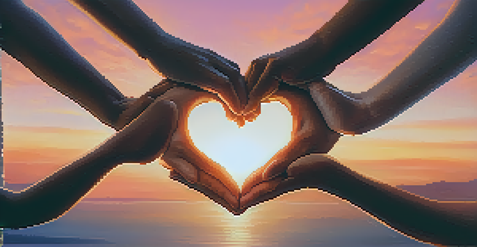 Hands forming a heart shape in front of a group holding hands, symbolizing compassion and community against a sunset backdrop.
